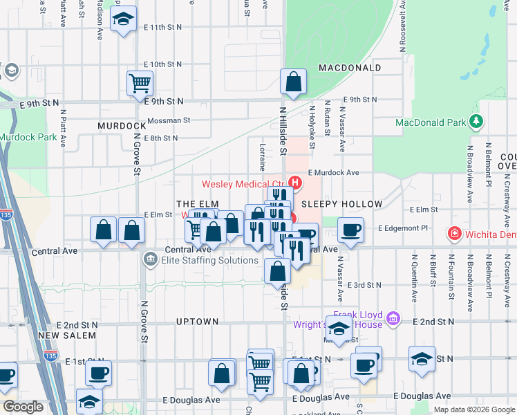 map of restaurants, bars, coffee shops, grocery stores, and more near 545 N Lorraine Ave in Wichita