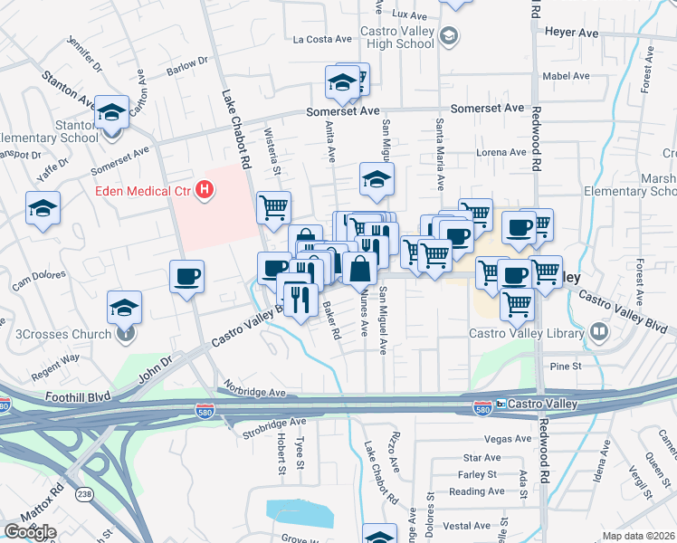 map of restaurants, bars, coffee shops, grocery stores, and more near 20535 Anita Avenue in Castro Valley