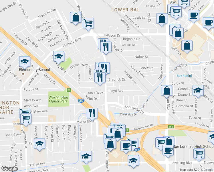 map of restaurants, bars, coffee shops, grocery stores, and more near 14830 Washington Ave in San Leandro