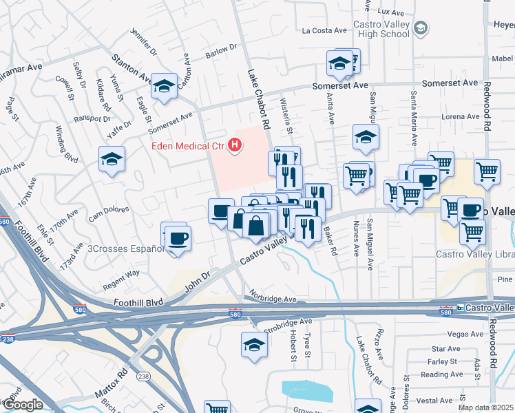 map of restaurants, bars, coffee shops, grocery stores, and more near 2664 Renton Way in Castro Valley
