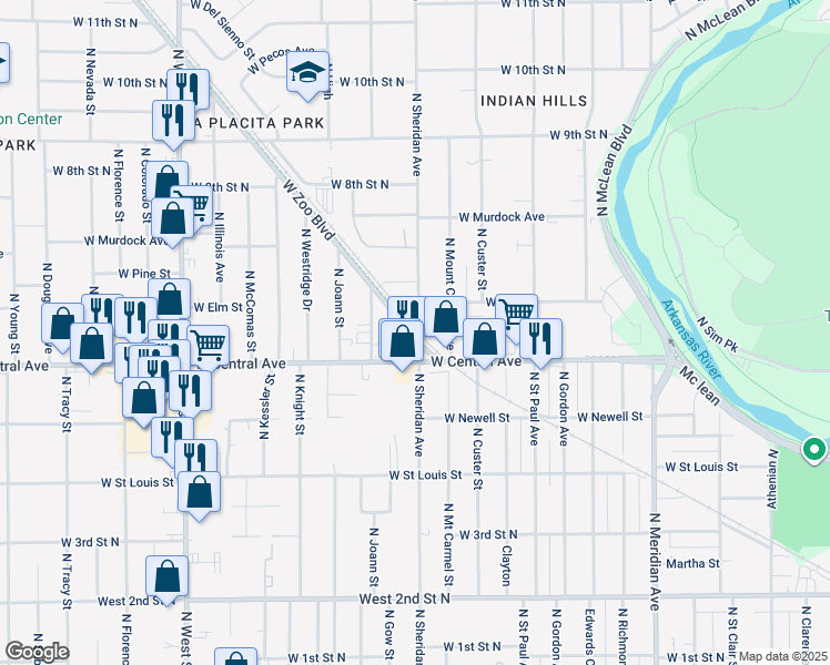 map of restaurants, bars, coffee shops, grocery stores, and more near 3200 West Zoo Boulevard in Wichita