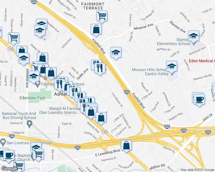 map of restaurants, bars, coffee shops, grocery stores, and more near 166th Avenue in San Leandro