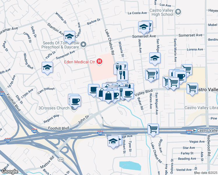 map of restaurants, bars, coffee shops, grocery stores, and more near 2664 Renton Way in Castro Valley