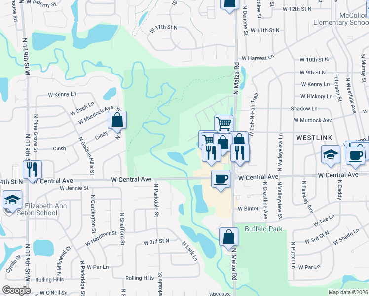 map of restaurants, bars, coffee shops, grocery stores, and more near 909 N Maize Rd in Wichita