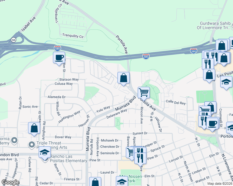 map of restaurants, bars, coffee shops, grocery stores, and more near 889 East Airway Boulevard in Livermore