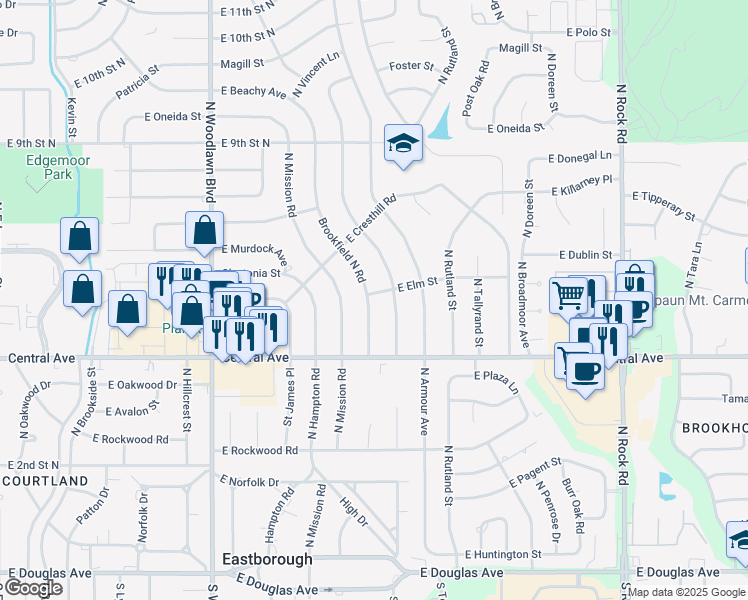 map of restaurants, bars, coffee shops, grocery stores, and more near 574 North Brookfield Road in Wichita
