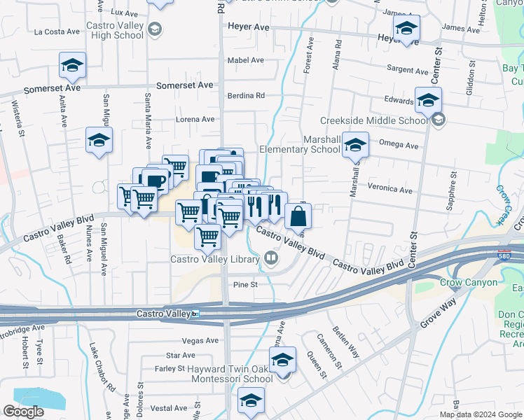 map of restaurants, bars, coffee shops, grocery stores, and more near 20563 Yeandle Avenue in Castro Valley