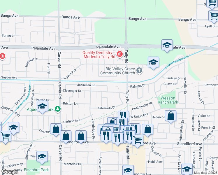 map of restaurants, bars, coffee shops, grocery stores, and more near 1405 Jackellen Lane in Modesto