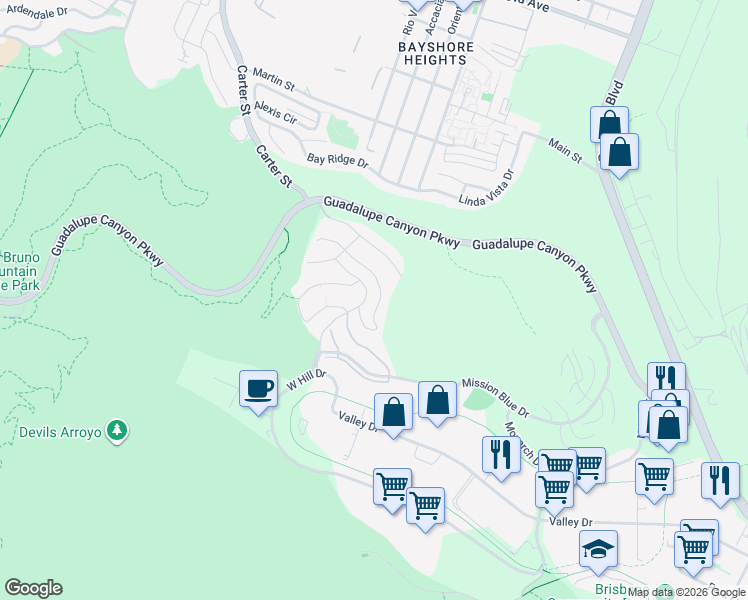 map of restaurants, bars, coffee shops, grocery stores, and more near 101 Butterweed Lane in Brisbane