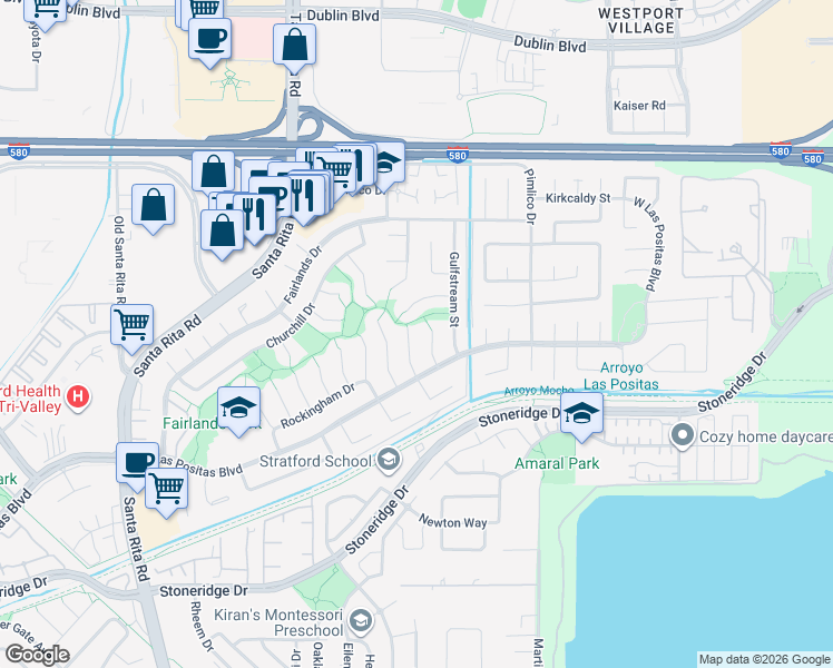 map of restaurants, bars, coffee shops, grocery stores, and more near 3183 Lansdown Court in Pleasanton