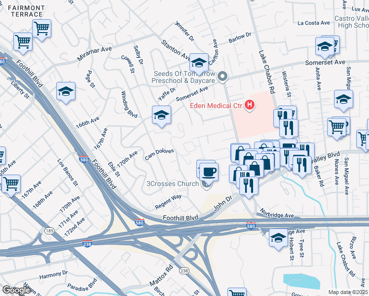 map of restaurants, bars, coffee shops, grocery stores, and more near in Castro Valley