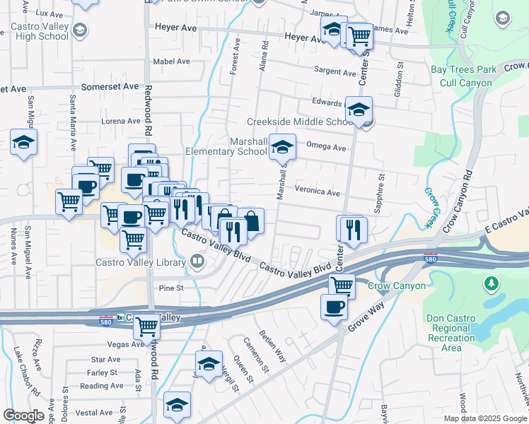 map of restaurants, bars, coffee shops, grocery stores, and more near 4051 Marshall Lane in Castro Valley