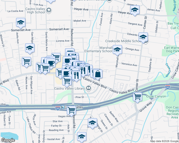 map of restaurants, bars, coffee shops, grocery stores, and more near 20383 Yeandle Avenue in Castro Valley