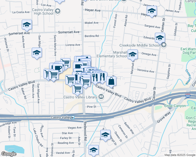 map of restaurants, bars, coffee shops, grocery stores, and more near 20383 Yeandle Avenue in Castro Valley