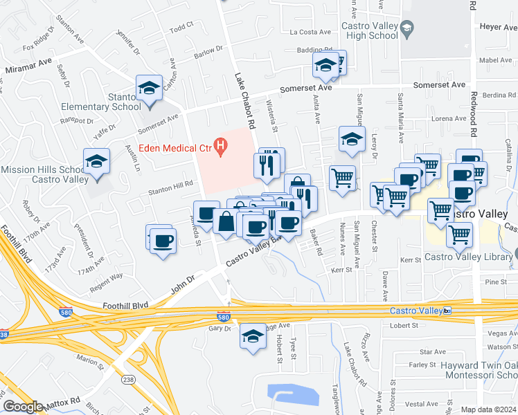 map of restaurants, bars, coffee shops, grocery stores, and more near 20400 Park Way in Castro Valley