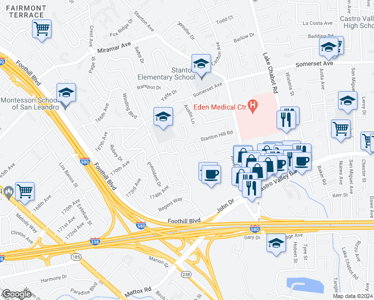 map of restaurants, bars, coffee shops, grocery stores, and more near 19930 John Drive in Castro Valley