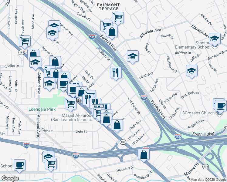 map of restaurants, bars, coffee shops, grocery stores, and more near 1575 165th Avenue in San Leandro