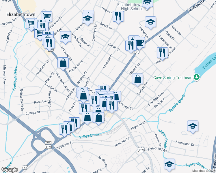 map of restaurants, bars, coffee shops, grocery stores, and more near 214 Elizabeth Street in Elizabethtown