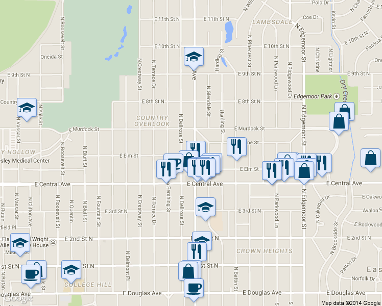 map of restaurants, bars, coffee shops, grocery stores, and more near 619 North Oliver Street in Wichita