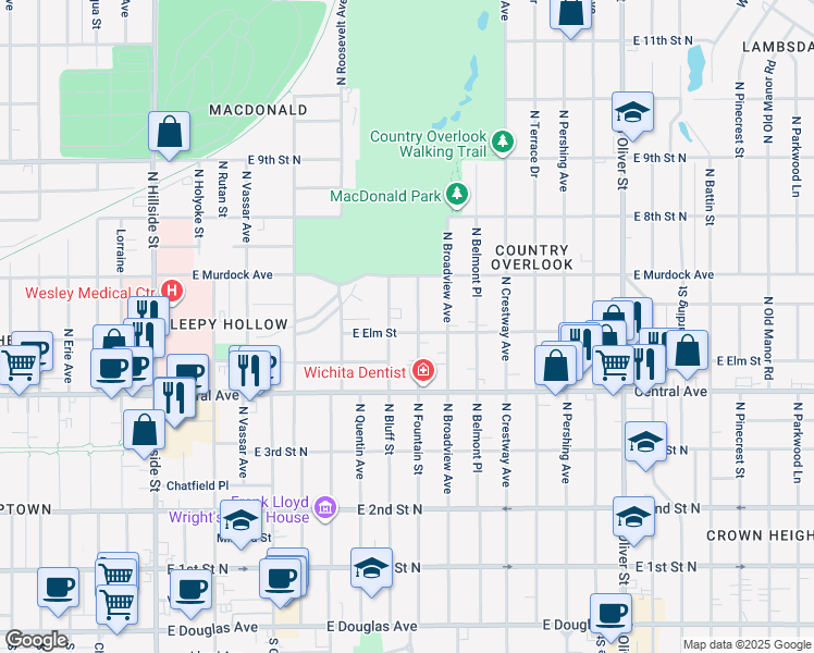 map of restaurants, bars, coffee shops, grocery stores, and more near 630 North Fountain Street in Wichita