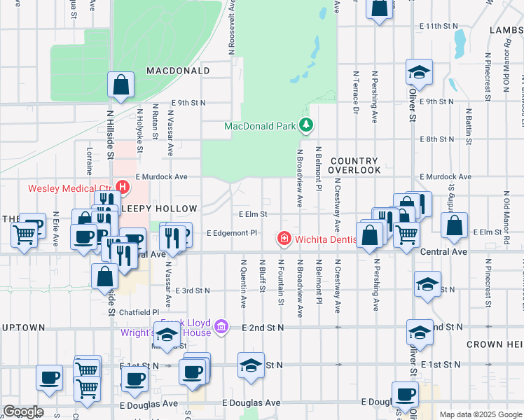 map of restaurants, bars, coffee shops, grocery stores, and more near 631 North Bluff Street in Wichita