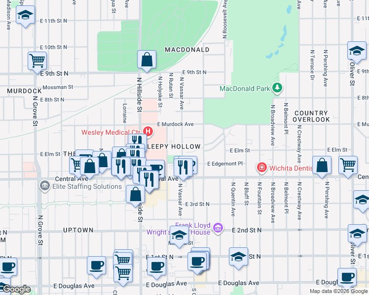 map of restaurants, bars, coffee shops, grocery stores, and more near 3424 East Pine Street in Wichita