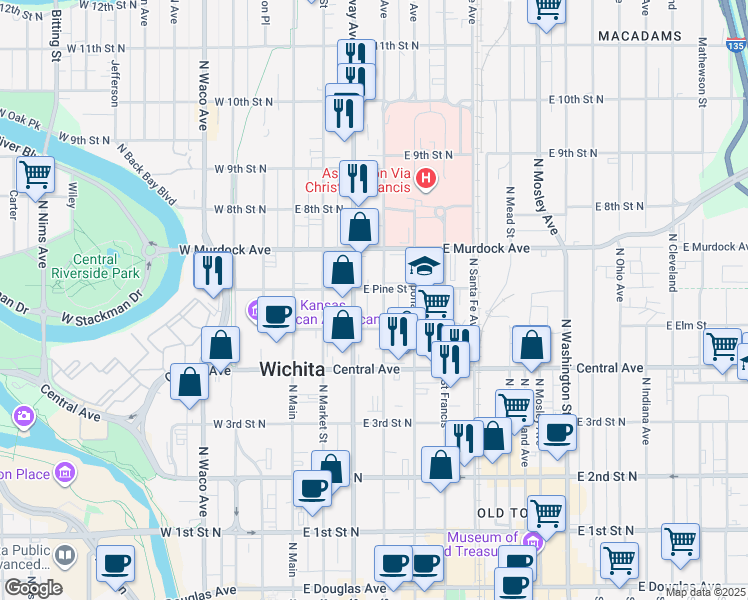 map of restaurants, bars, coffee shops, grocery stores, and more near 318 East Pine Street in Wichita