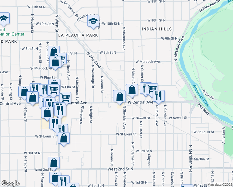 map of restaurants, bars, coffee shops, grocery stores, and more near 3311 West Zoo Boulevard in Wichita