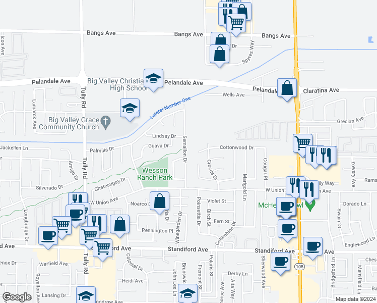 map of restaurants, bars, coffee shops, grocery stores, and more near 3860 Semallon Drive in Modesto