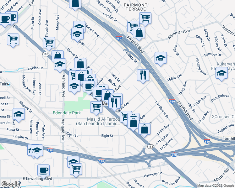 map of restaurants, bars, coffee shops, grocery stores, and more near 1444 164th Avenue in San Leandro