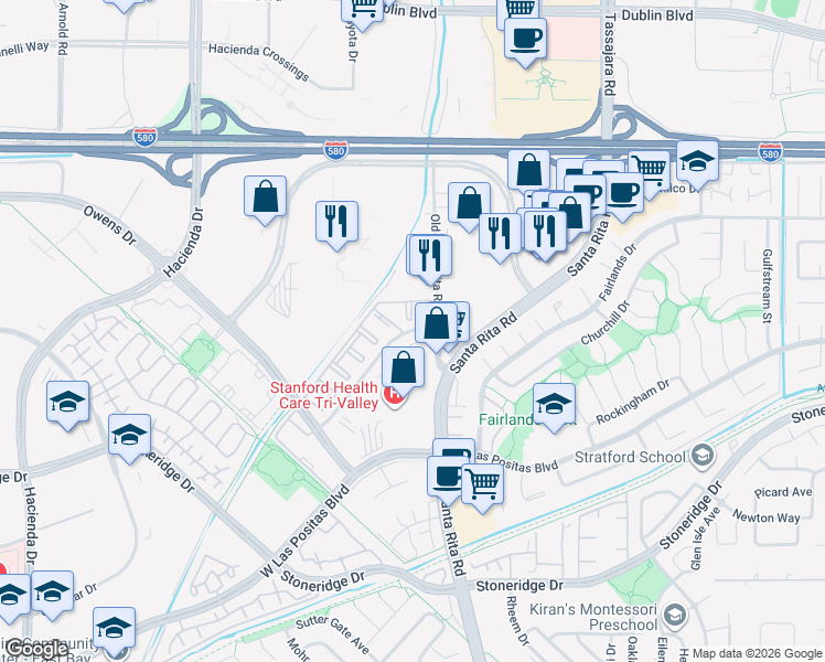 map of restaurants, bars, coffee shops, grocery stores, and more near 3680 Andrews Drive in Pleasanton
