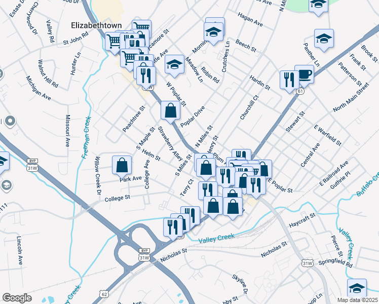 map of restaurants, bars, coffee shops, grocery stores, and more near 307 West Dixie Avenue in Elizabethtown