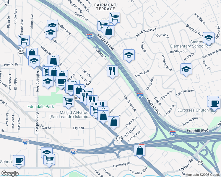 map of restaurants, bars, coffee shops, grocery stores, and more near 1575 165th Avenue in San Leandro
