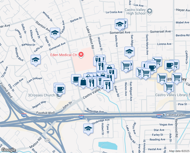 map of restaurants, bars, coffee shops, grocery stores, and more near 20607 Congress Way in Castro Valley