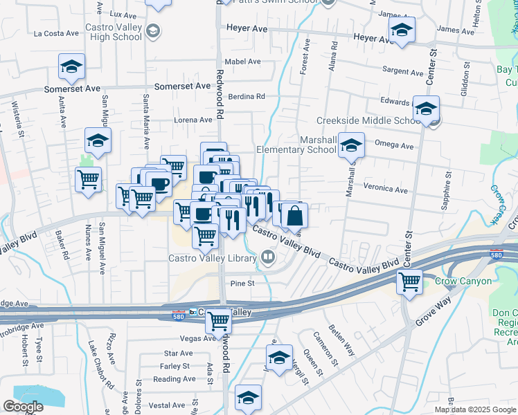 map of restaurants, bars, coffee shops, grocery stores, and more near 20563 Yeandle Avenue in Castro Valley