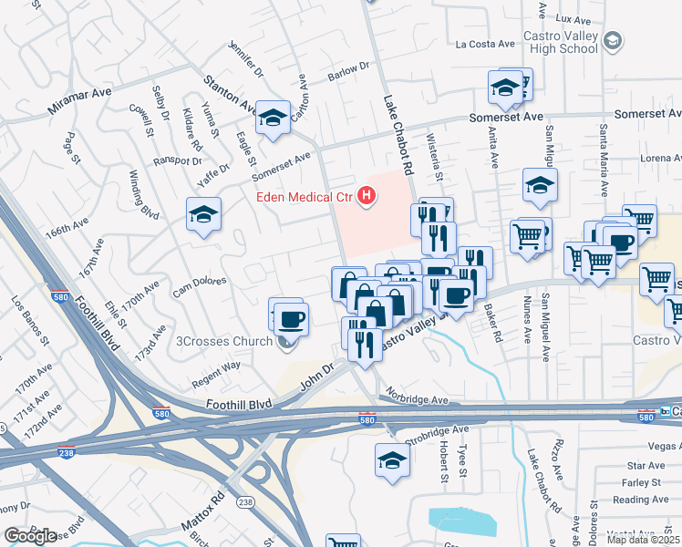 map of restaurants, bars, coffee shops, grocery stores, and more near 20275 Stanton Avenue in Castro Valley