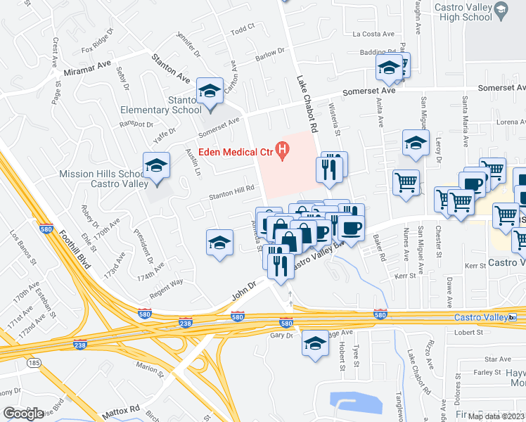 map of restaurants, bars, coffee shops, grocery stores, and more near 20275 Stanton Avenue in Castro Valley