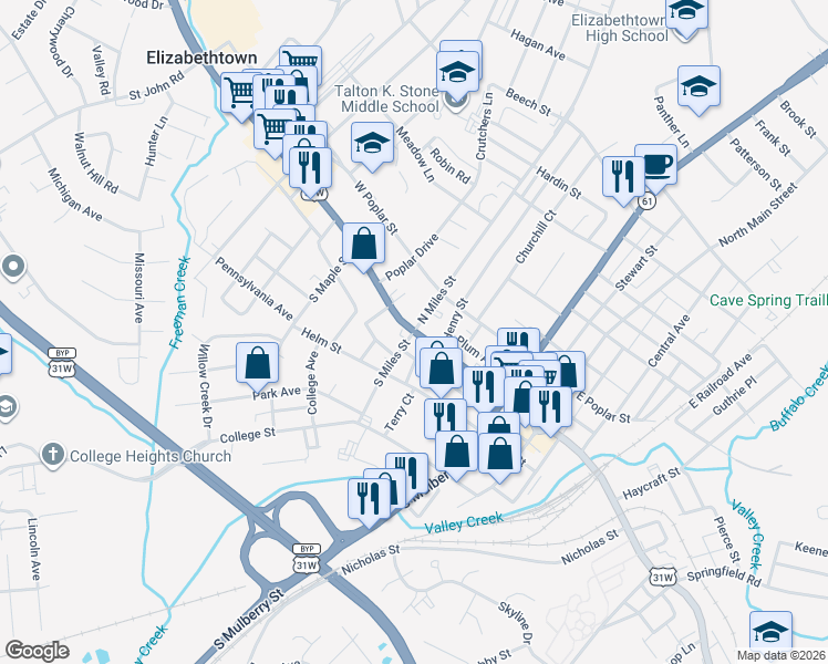 map of restaurants, bars, coffee shops, grocery stores, and more near 307 West Dixie Avenue in Elizabethtown