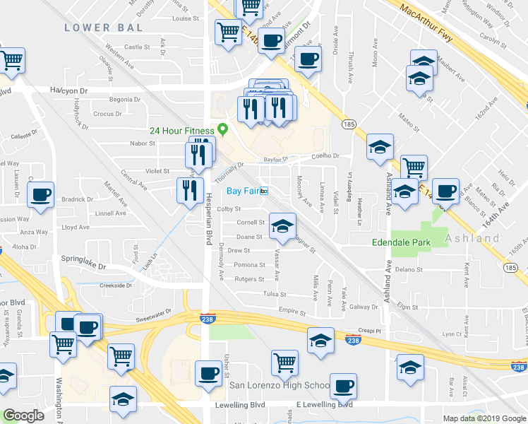 map of restaurants, bars, coffee shops, grocery stores, and more near 15425 Wagner Street in San Lorenzo