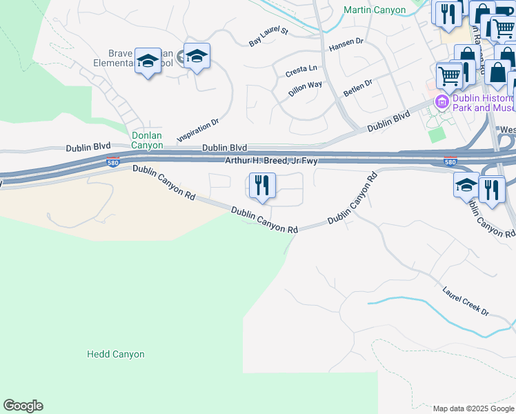 map of restaurants, bars, coffee shops, grocery stores, and more near 7860 Canyon Meadows Circle in Pleasanton
