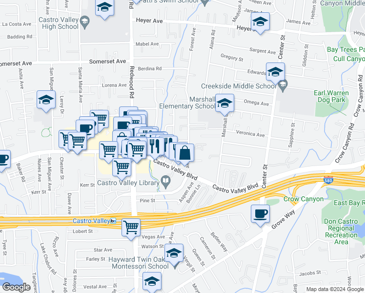 map of restaurants, bars, coffee shops, grocery stores, and more near 20545 Forest Avenue in Castro Valley