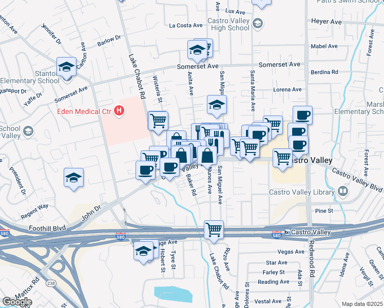 map of restaurants, bars, coffee shops, grocery stores, and more near 20443 Anita Avenue in Castro Valley
