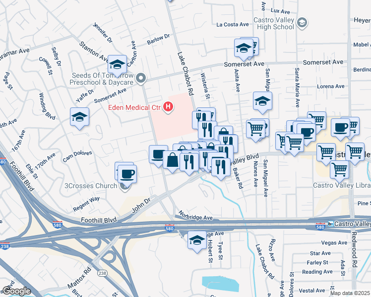 map of restaurants, bars, coffee shops, grocery stores, and more near 20400 Park Way in Castro Valley