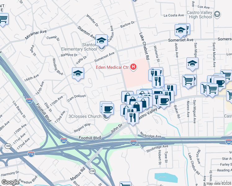 map of restaurants, bars, coffee shops, grocery stores, and more near 2549 Stanton Hill Road in Castro Valley