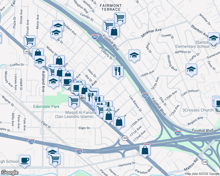 map of restaurants, bars, coffee shops, grocery stores, and more near 1575 165th Avenue in San Leandro