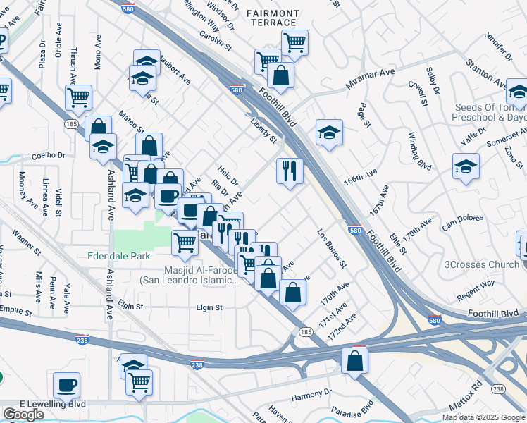 map of restaurants, bars, coffee shops, grocery stores, and more near 1575 165th Avenue in San Leandro