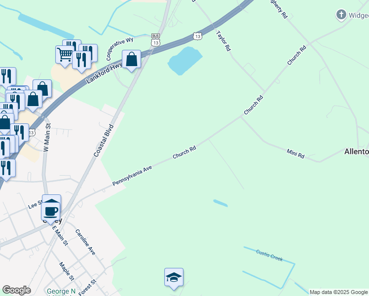 map of restaurants, bars, coffee shops, grocery stores, and more near 25262 Church Road in Accomac