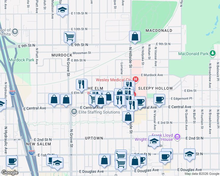 map of restaurants, bars, coffee shops, grocery stores, and more near 638 North Erie Street in Wichita