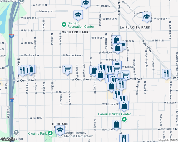 map of restaurants, bars, coffee shops, grocery stores, and more near 737 North Dougherty Avenue in Wichita