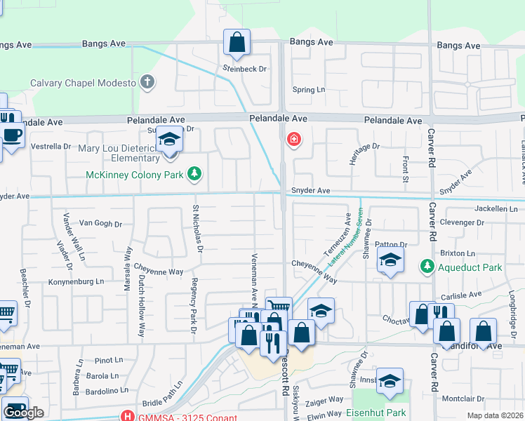map of restaurants, bars, coffee shops, grocery stores, and more near 2201 Canadian Circle in Modesto